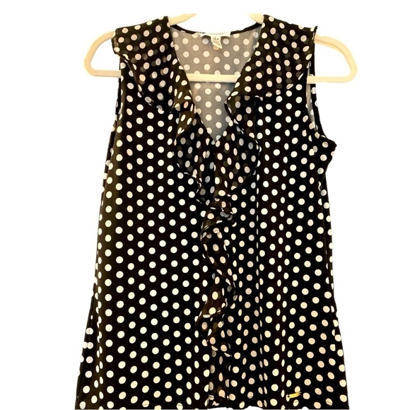 CALVIN KLEIN top, SP, black with white polka dots.  Ruffled neckline and front. - Picture 1 of 5